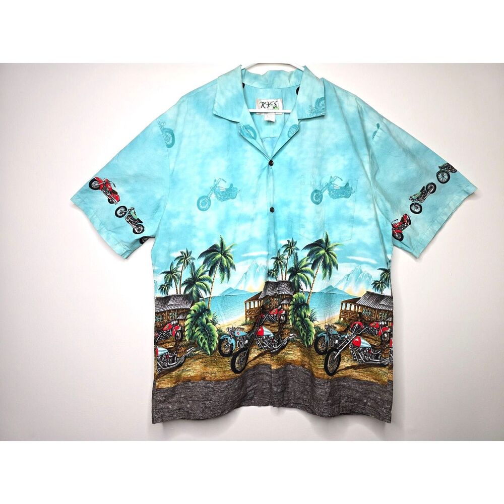 Vtg KY'S Hawaii Motorcycle Border Hawaiian Shirt XL Blue Biker Aloha Casual